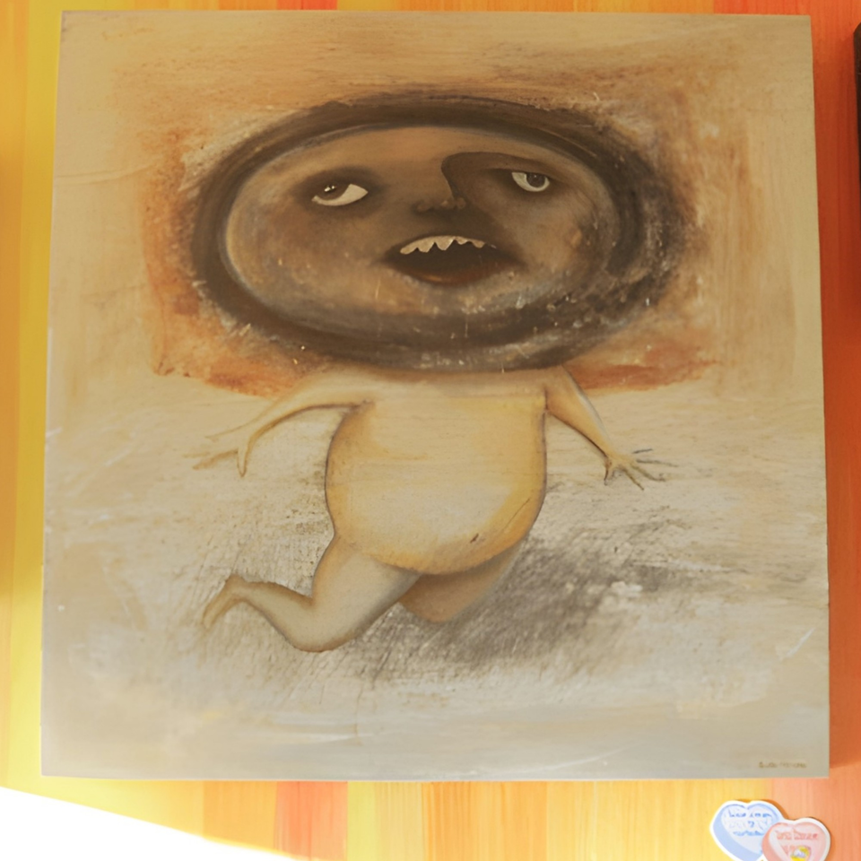 A whimsical painting of a figure with a large, expressive face and small body, running.