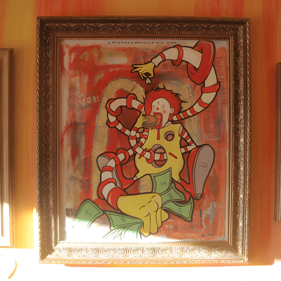 A framed painting depicts a clown-like figure eating a burger, surrounded by money and red stripes.