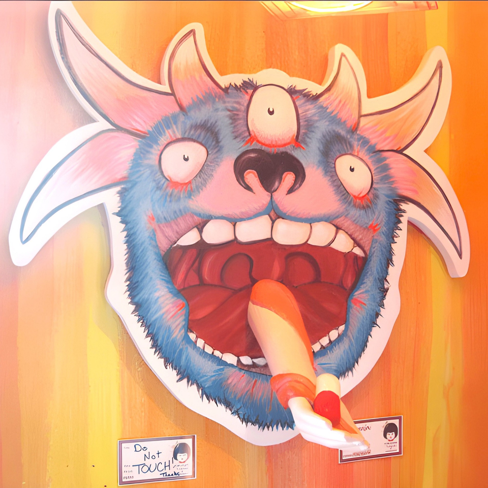 A colorful monster cutout with a large open mouth and a hand holding a candy cane.